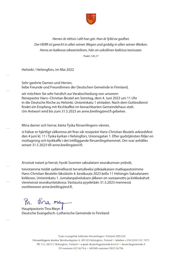 Einladung zur Verabschiedung von Reisepastor Hans–Christian Beutel am 4.6.2023 (PDF)